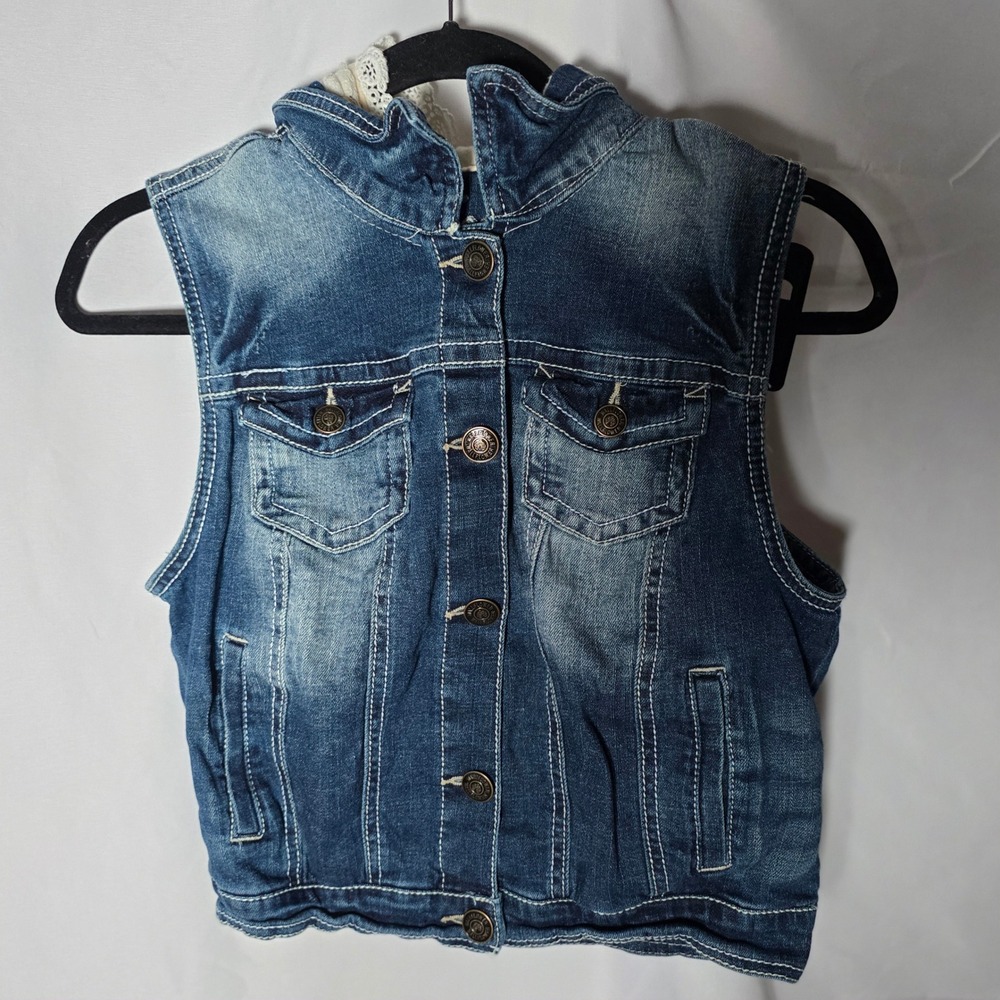 Y2K Denim Vest With Lace Hood Womens Medium‎ Blue Distressed Jean Jacket